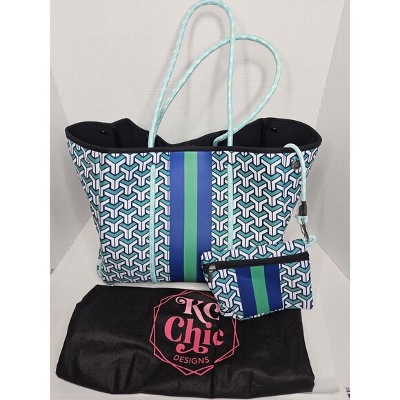 Neoprene Large Tote Bag With Zip Pouch Green Geometric KC Chic Designs Dust Bag - Picture 3 of 5